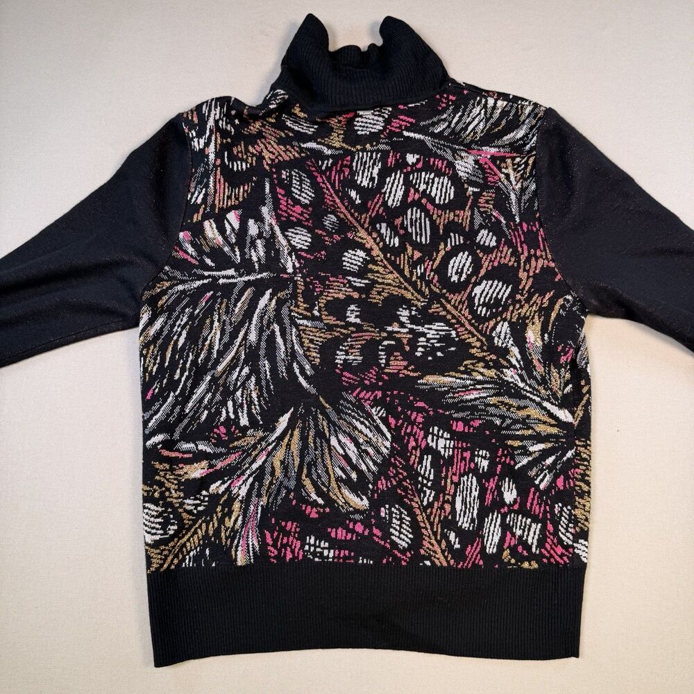 St. John Black Pink Gold Metallic Floral Print Wool Blend Cardigan Sweater Large - Picture 6 of 13